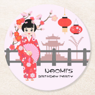 Sakura Cherry Blossom Japanese Girl Birthday Party Round Paper Coaster