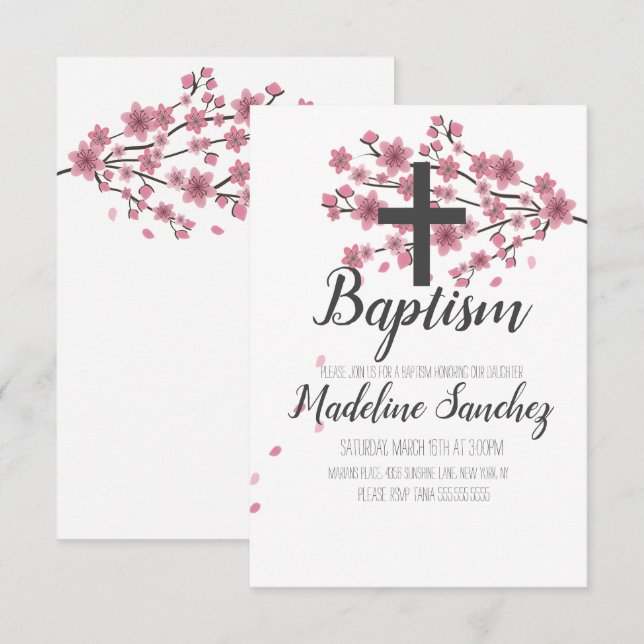 Sakura Cherry Blossom Pink Baptism Christening Invitation (Front/Back)