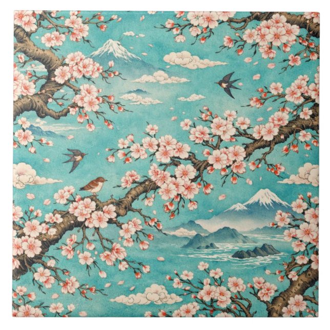 Sakura Cherry Blossom Ukiyo-e Ceramic Tile (Front)