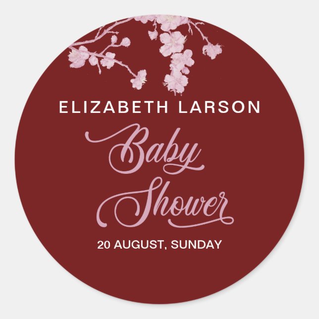 Sakura Cherry Blossoms Baby Shower Burgundy Classic Round Sticker (Front)