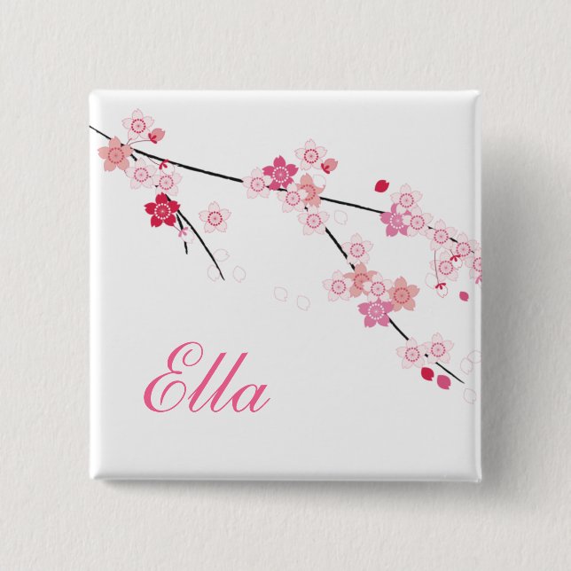 Sakura Cherry Blossoms Buttom with Custom Name 2 Inch Square Button (Front)