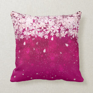 Sakura Cherry Blossoms Fuchsia & White Flowers Throw Pillow