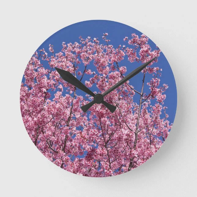 Sakura Cherry Blossoms Into The Blue Round Clock (Front)