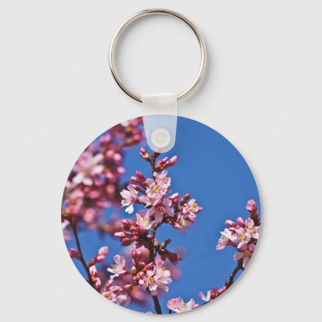 Sakura Cherry Blossoms Touching Blue Keychain (Front)