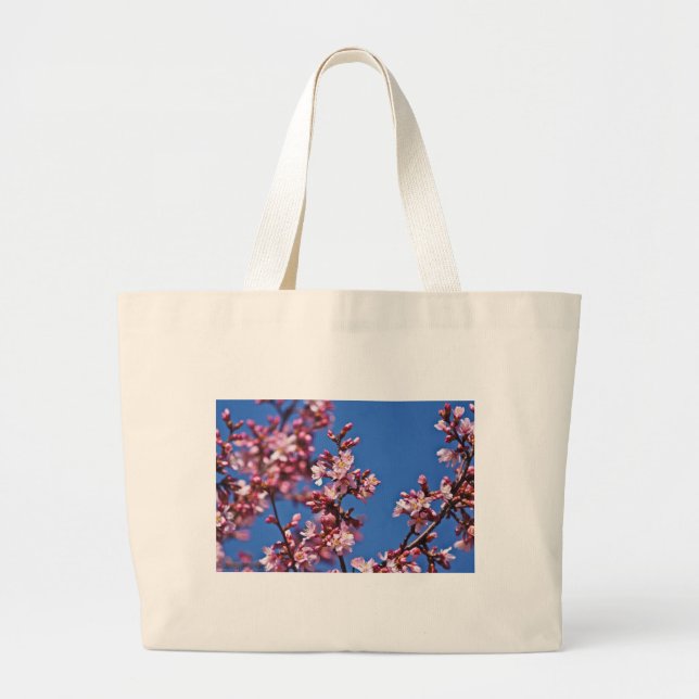 Sakura Cherry Blossoms Touching Blue Large Tote Bag (Front)