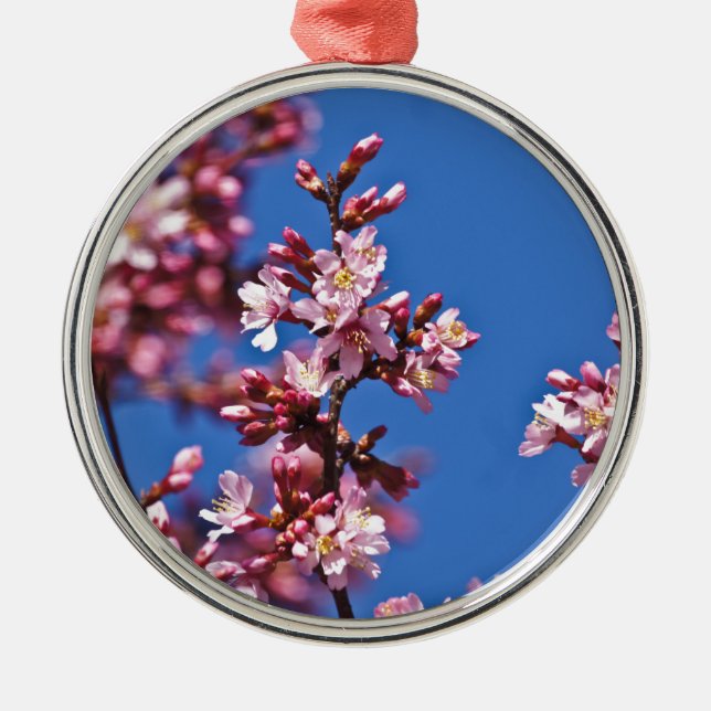 Sakura Cherry Blossoms Touching Blue Metal Ornament (Front)
