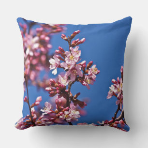 Sakura Cherry Blossoms Touching Blue Throw Pillow