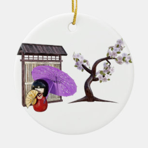 Sakura Doll with Wall and Cherry Tree Ceramic Ornament