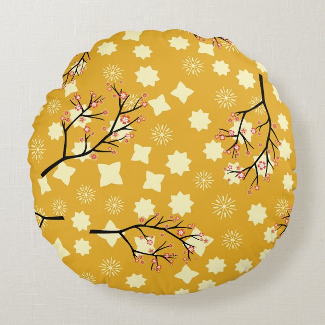 Sakura Elegance: Chinese Floral Pattern. Round Pillow (Front)