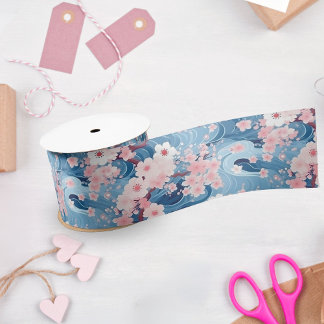 Sakura Floral Navy Waves Satin Ribbon