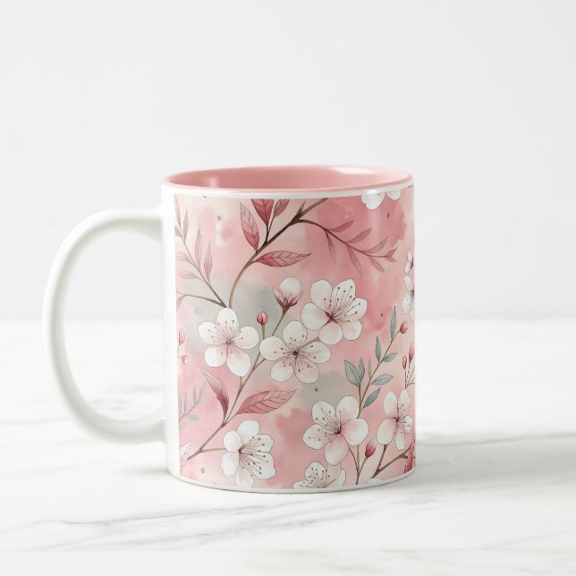 Sakura Flower Pattern Pink  Two-Tone Coffee Mug (Left)