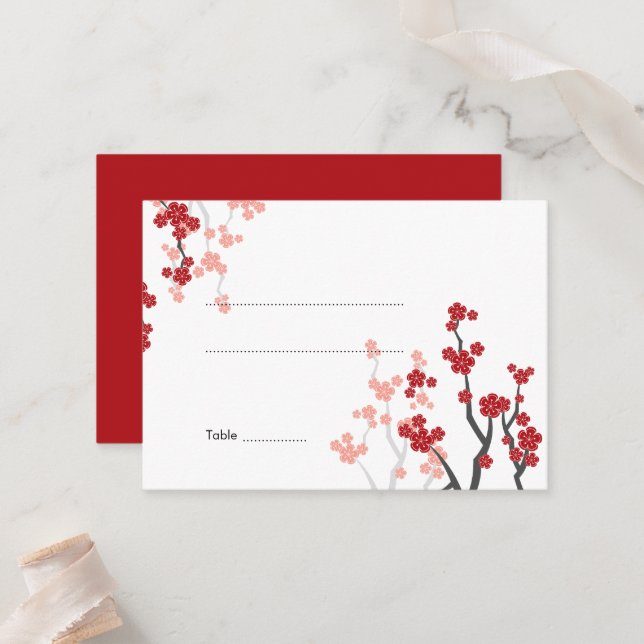 Sakura Flowers Red Cherry Blossoms Asian Wedding Place Card (Front/Back In Situ)