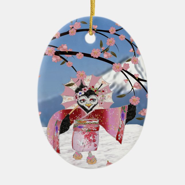 Sakura Geisha Bird in the Snow Cherry Blossoms Ceramic Ornament (Front)