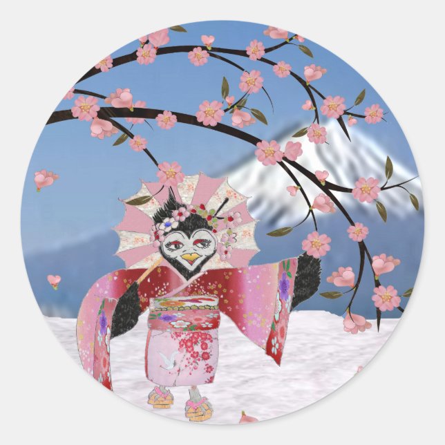 Sakura Geisha Bird in the Snow Cherry Blossoms Classic Round Sticker (Front)