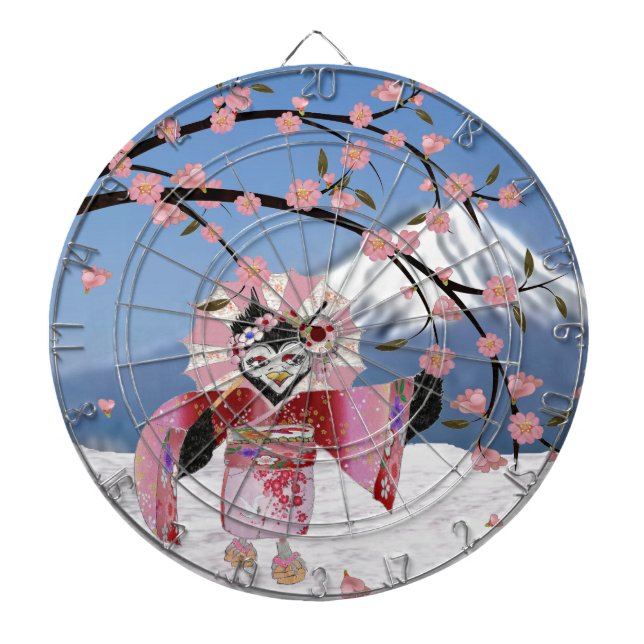 Sakura Geisha Bird in the Snow Cherry Blossoms Dartboard (Front)