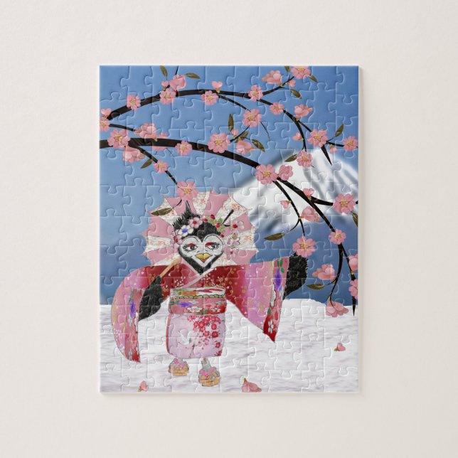 Sakura Geisha Bird in the Snow Cherry Blossoms Jigsaw Puzzle (Vertical)