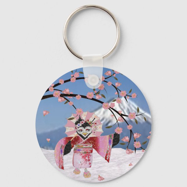 Sakura Geisha Bird in the Snow Cherry Blossoms Keychain (Front)
