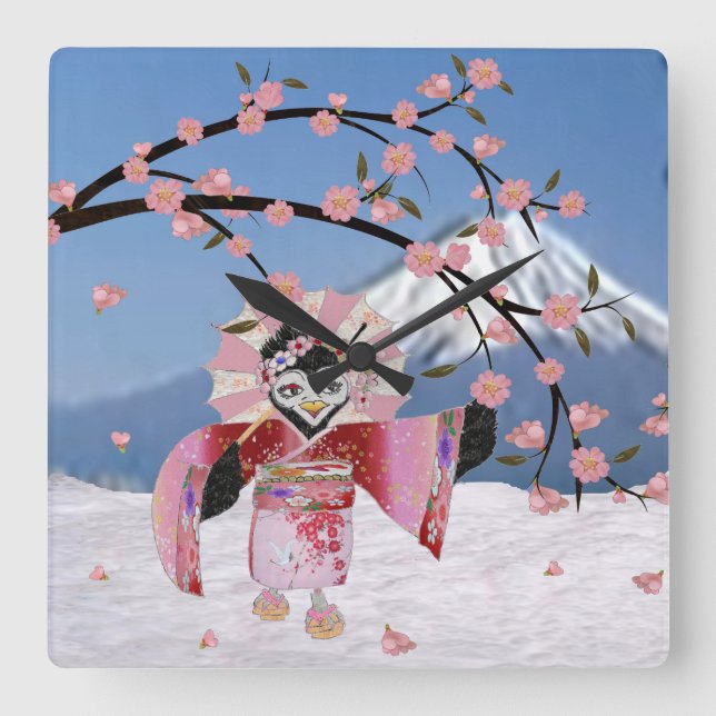 Sakura Geisha Bird in the Snow Cherry Blossoms Square Wall Clock (Front)