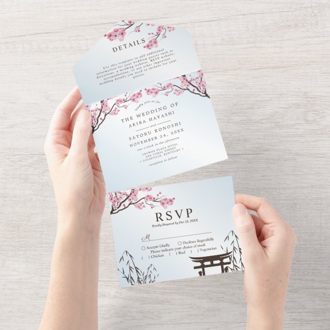 Sakura Japanese Cherry Blossom Asian Wedding All I In One Invitation (Tearaway)