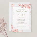 Sakura Japanese Cherry Blossoms Wedding Invitation<br><div class="desc">This pretty floral wedding invitation flat card template features your names accented by Japanese cherry blossoms. The text is an elegant gold tone called California Gold and we have set the background as white. On the back, we've added an image that has the look of a painted surface like the...</div>