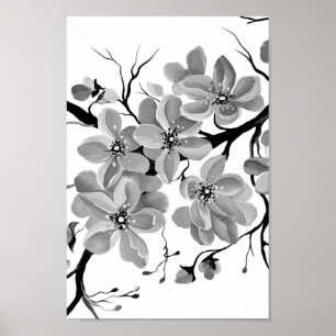 Sakura Japanese Cherry Tree Black and White   Poster