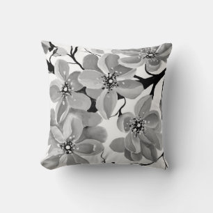 Sakura Japanese Cherry Tree Black and White Throw Pillow