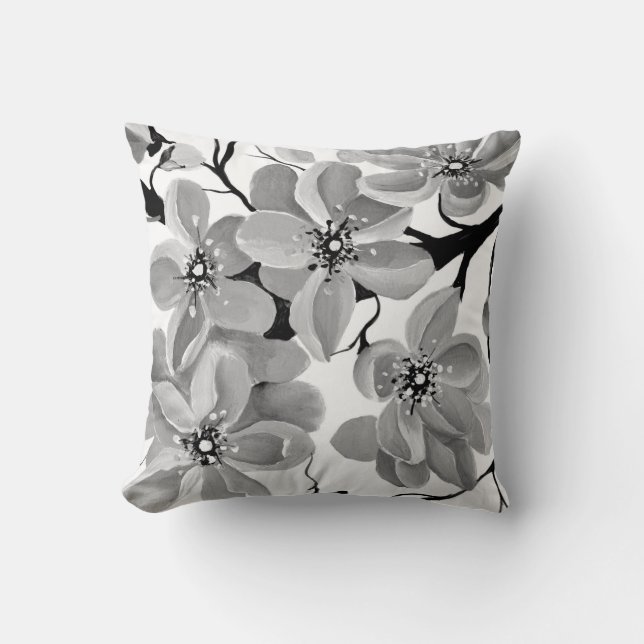 Sakura Japanese Cherry Tree Black and White  Throw Pillow (Front)