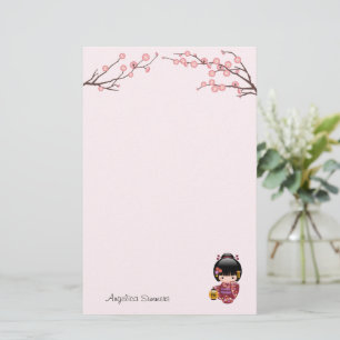 Sakura Kokeshi Doll Cute Geisha Girl Pink Stationery