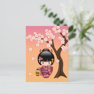 Sakura Kokeshi Doll Cute Geisha Girl  Postcard