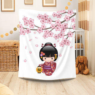 Sakura Kokeshi Doll - Cute Japanese Geisha Girl Fleece Blanket