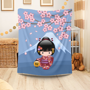 Sakura Kokeshi Doll - Cute Japanese Geisha Girl Fleece Blanket