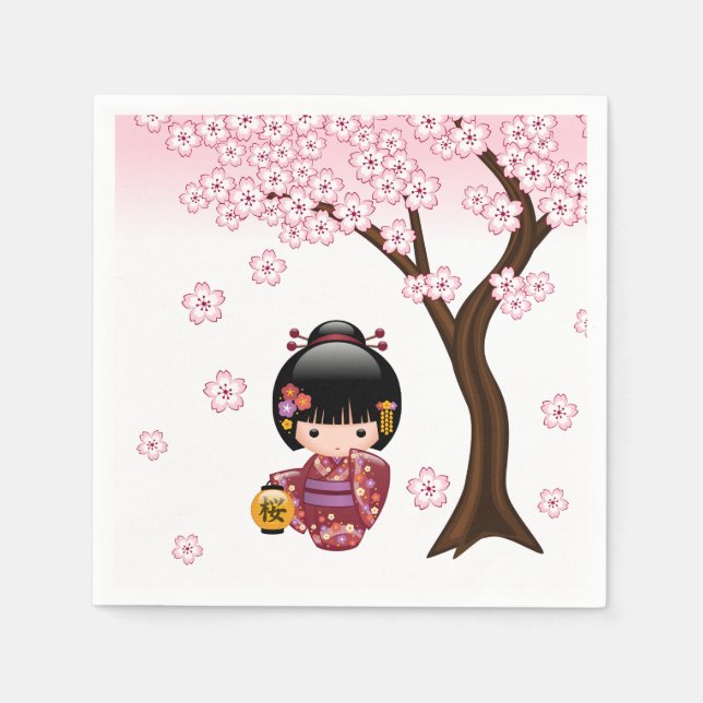 Sakura Kokeshi Doll - Cute Japanese Geisha Girl Napkin (Front)