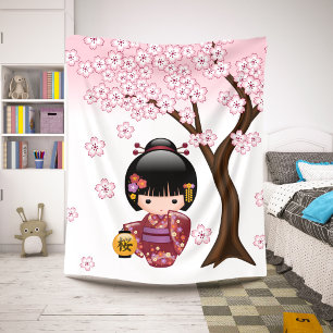 Sakura Kokeshi Doll - Cute Japanese Geisha Girl Sherpa Blanket