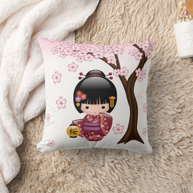Sakura Kokeshi Doll - Cute Japanese Geisha Girl Throw Pillow (Blanket)