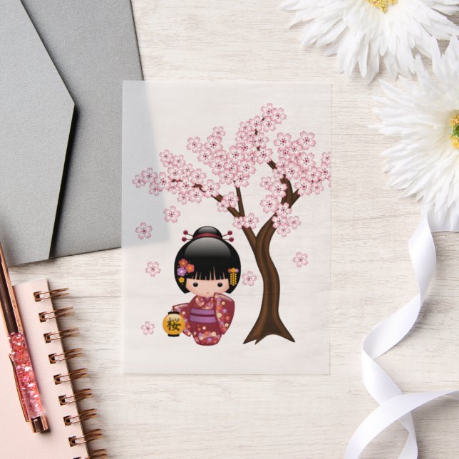Sakura Kokeshi Doll Cute Japanese Geisha Insert Vellum Invitations (Wedding)