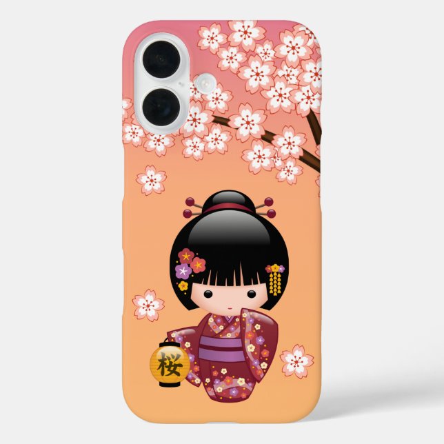 Sakura Kokeshi Doll Geisha Girl on Orange Case-Mate iPhone Case (Back)