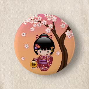 Sakura Kokeshi Doll - Geisha Girl on Peach 2 Inch Round Button