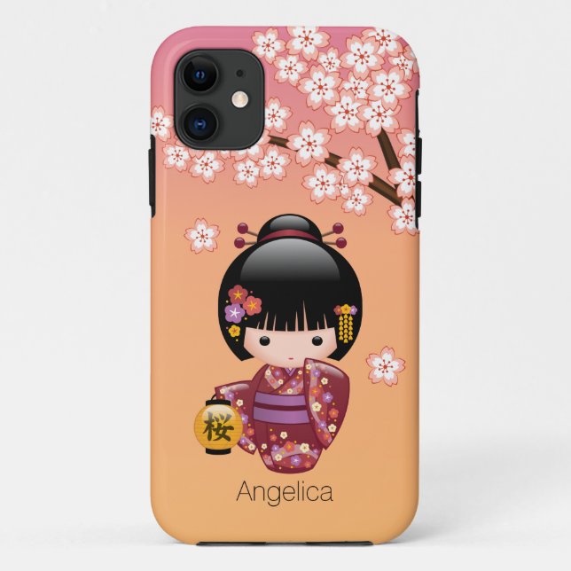 Sakura Kokeshi Doll - Geisha Girl on Peach Case-Mate iPhone Case (Back)