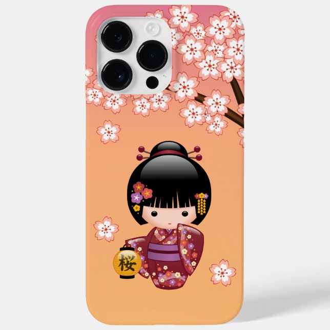 Sakura Kokeshi Doll - Geisha Girl on Peach Case-Mate iPhone Case (Back)