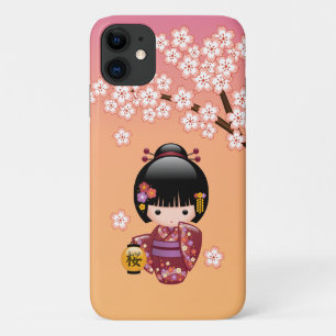 Sakura Kokeshi Doll - Geisha Girl on Peach iPhone 11 Case