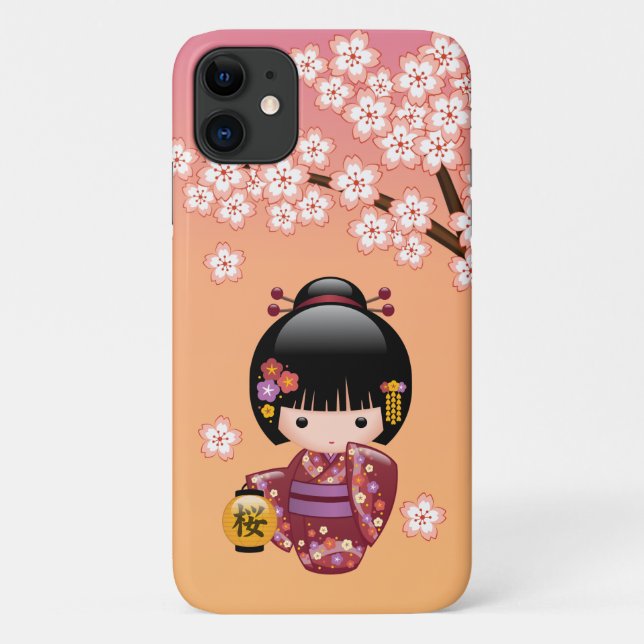 Sakura Kokeshi Doll - Geisha Girl on Peach Case-Mate iPhone Case (Back)