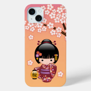 Sakura Kokeshi Doll - Geisha Girl on Peach iPhone 15 Mini Case