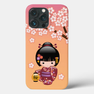 Sakura Kokeshi Doll - Geisha Girl on Peach iPhone 13 Pro Case