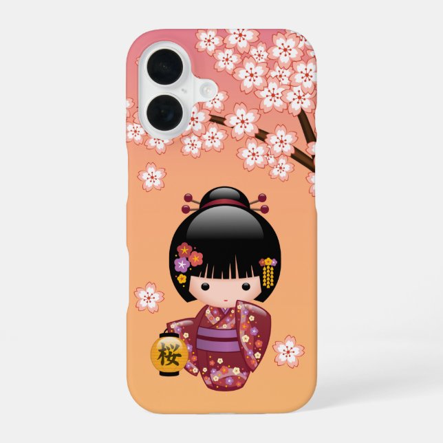 Sakura Kokeshi Doll - Geisha Girl on Peach iPhone 16 Case (Back)