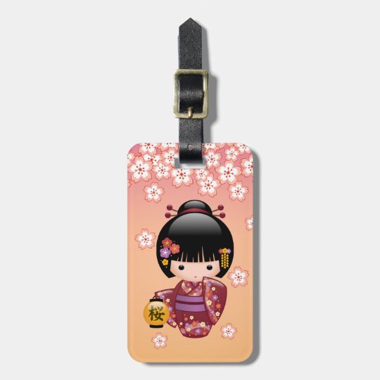 Sakura Kokeshi Doll - Geisha Girl on Peach Luggage Tag