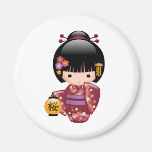 Sakura Kokeshi Doll - Geisha Girl on White Magnet