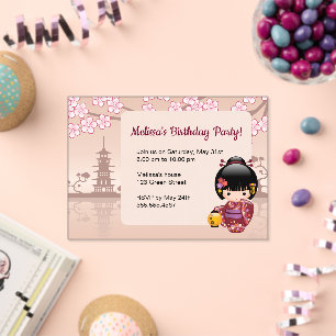 Sakura Kokeshi Transparent Window Birthday Beige Acrylic Invitations