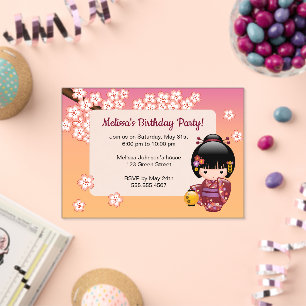 Sakura Kokeshi Transparent Window Birthday Peach Acrylic Invitations