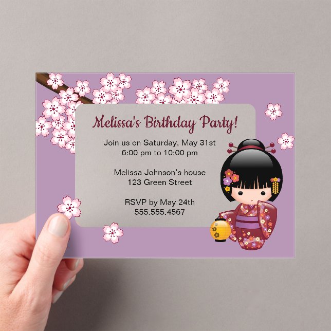 Sakura Kokeshi Transparent Window Birthday Purple Acrylic Invitations (Insitu (Handheld))