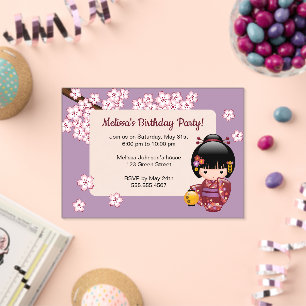 Sakura Kokeshi Transparent Window Birthday Purple Acrylic Invitations